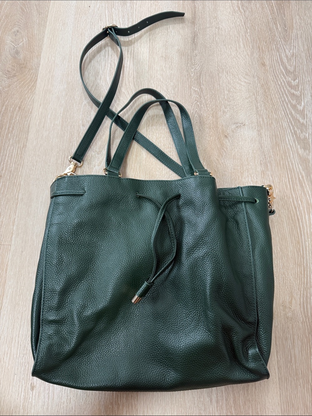 Forest Green Pebbled Leather Tote with Drawstring